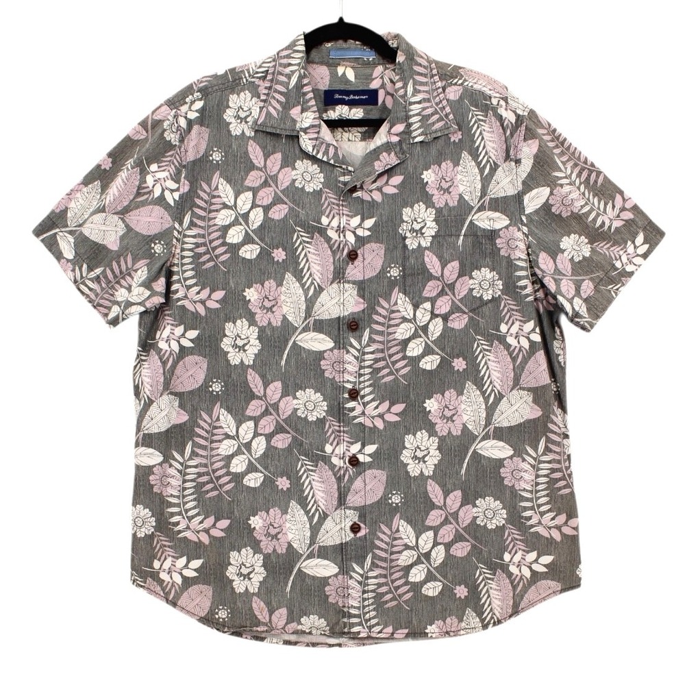 Tommy Bahama Shirt Mens Large Gray Pink‎ Floral Hawaiian Short sleeve